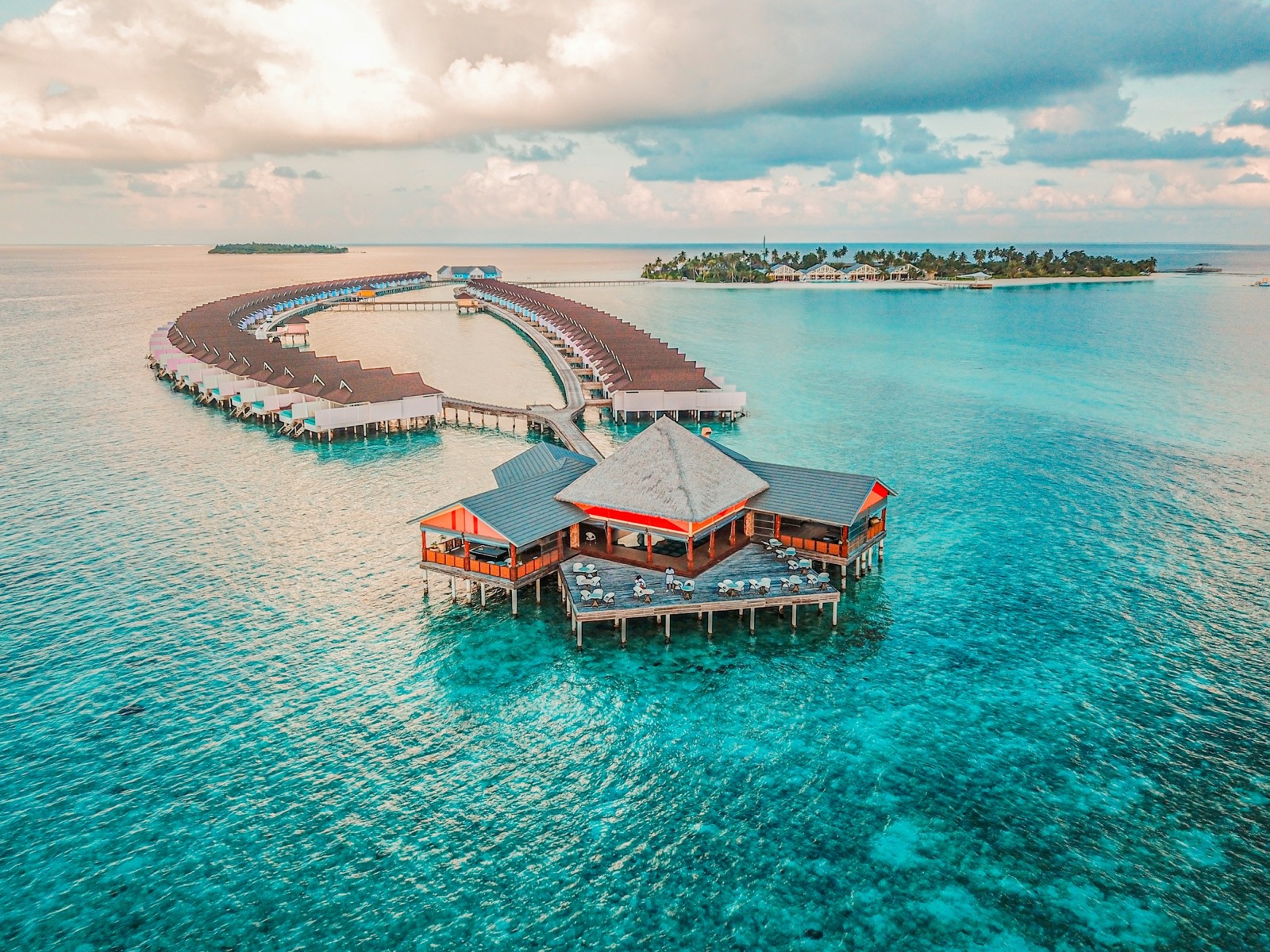 Aerial view of a premium island resort in the Maldives